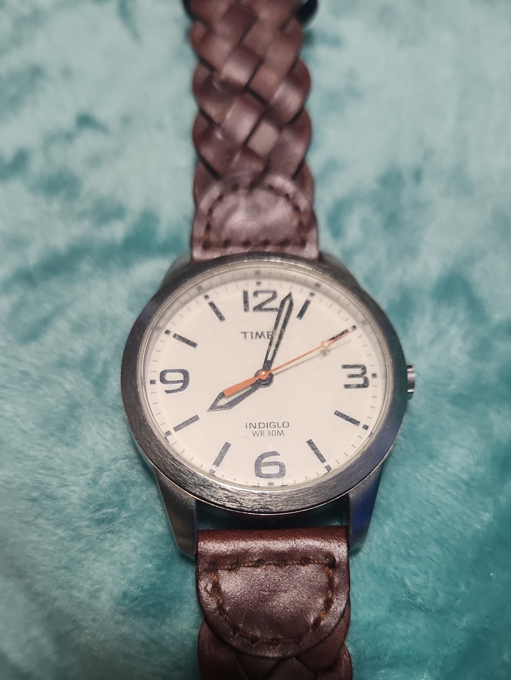 Timex Weekender White Dial Watch with Brown Braided Strap and Orange Accents
